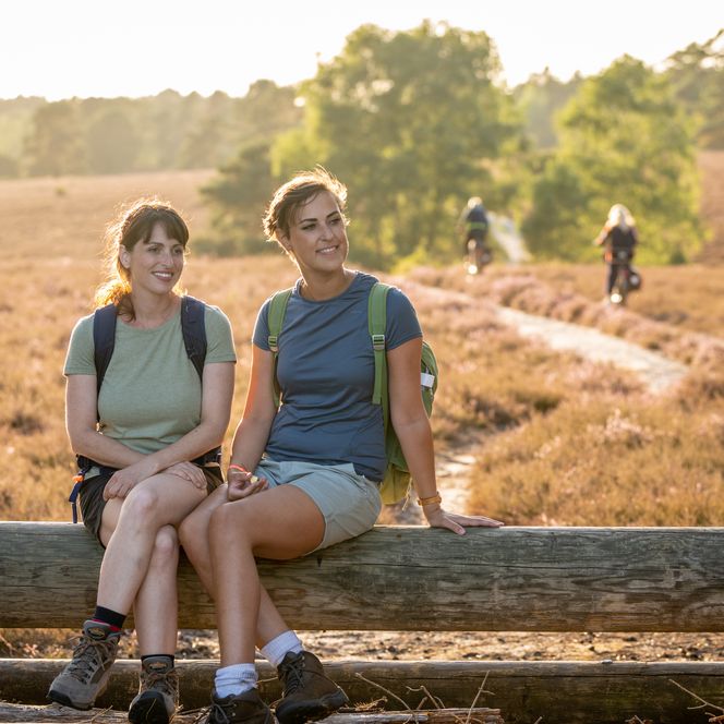 Zwei Fußgängerinnen rasten in der Misselhorner Heide in Hermannsburg 