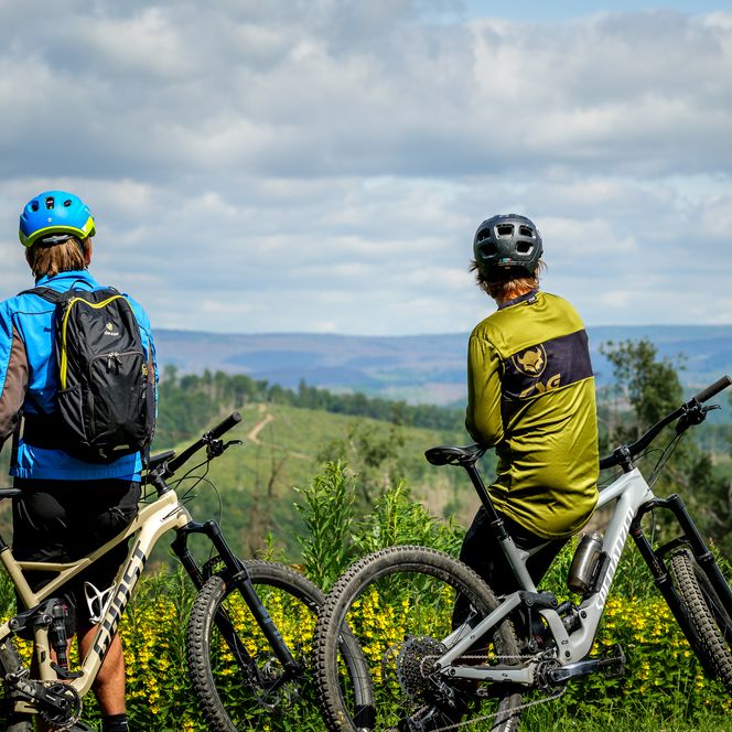 Mountainbikers genieten van het uitzicht