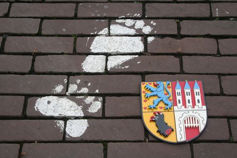 Ein Bärenfußabdruck aus weißer Farbe sowie ein farbenfrohes Stadtwappen zieren eine Pflasterfläche.