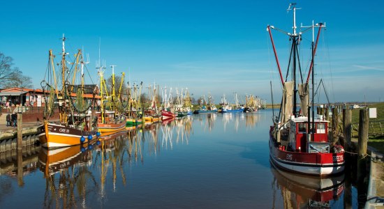 Haven Greetsiel, viskotter, blauwe lucht, Krummhörn, Oost-Friesland, Nedersaksen, Duitsland, © Dieter Schinner