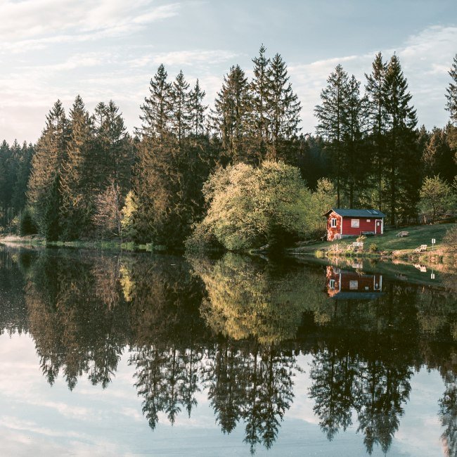 Uitzicht op de Ziegenbach vijver met blokhut, © TourismusMarketing Niedersachsen GmbH / Tim Küster