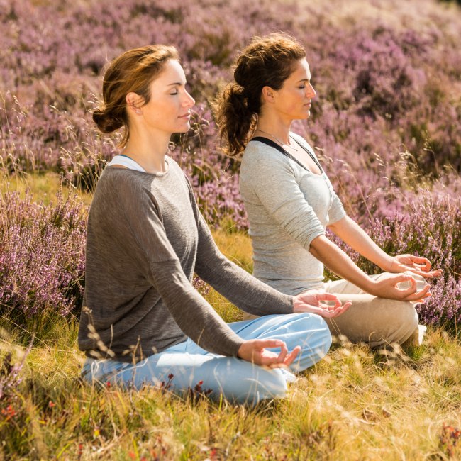 Twee vrouwen die yoga doen in de bloeiende Lüneburger Heide, © Lüneburger Heide GmbH / Dominik Ketz