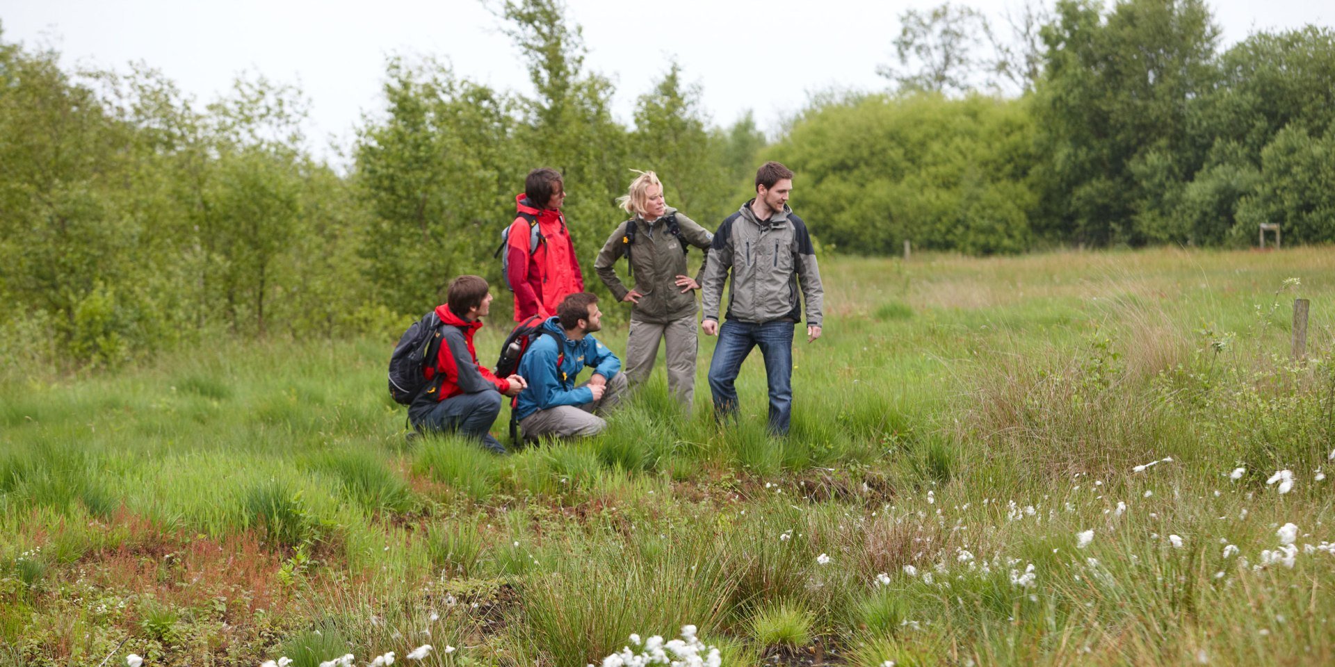 Vijf wandelaars bij een waterpoel in de heide van het natuurpark Moor-Veenland, © Emsland Touristik Vijf wandelaars bij een waterpoel in de heide van het natuurpark Moor-Veenland, © Emsland Touristik