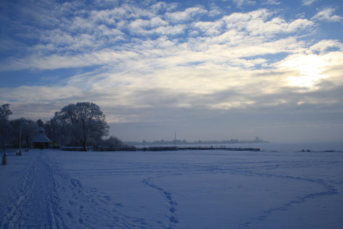 Uitzicht vanaf de dijk naar het bevroren meer Dümmer met sneeuw, © DümmerWeserLand Touristik/ Melanie Hoffmann