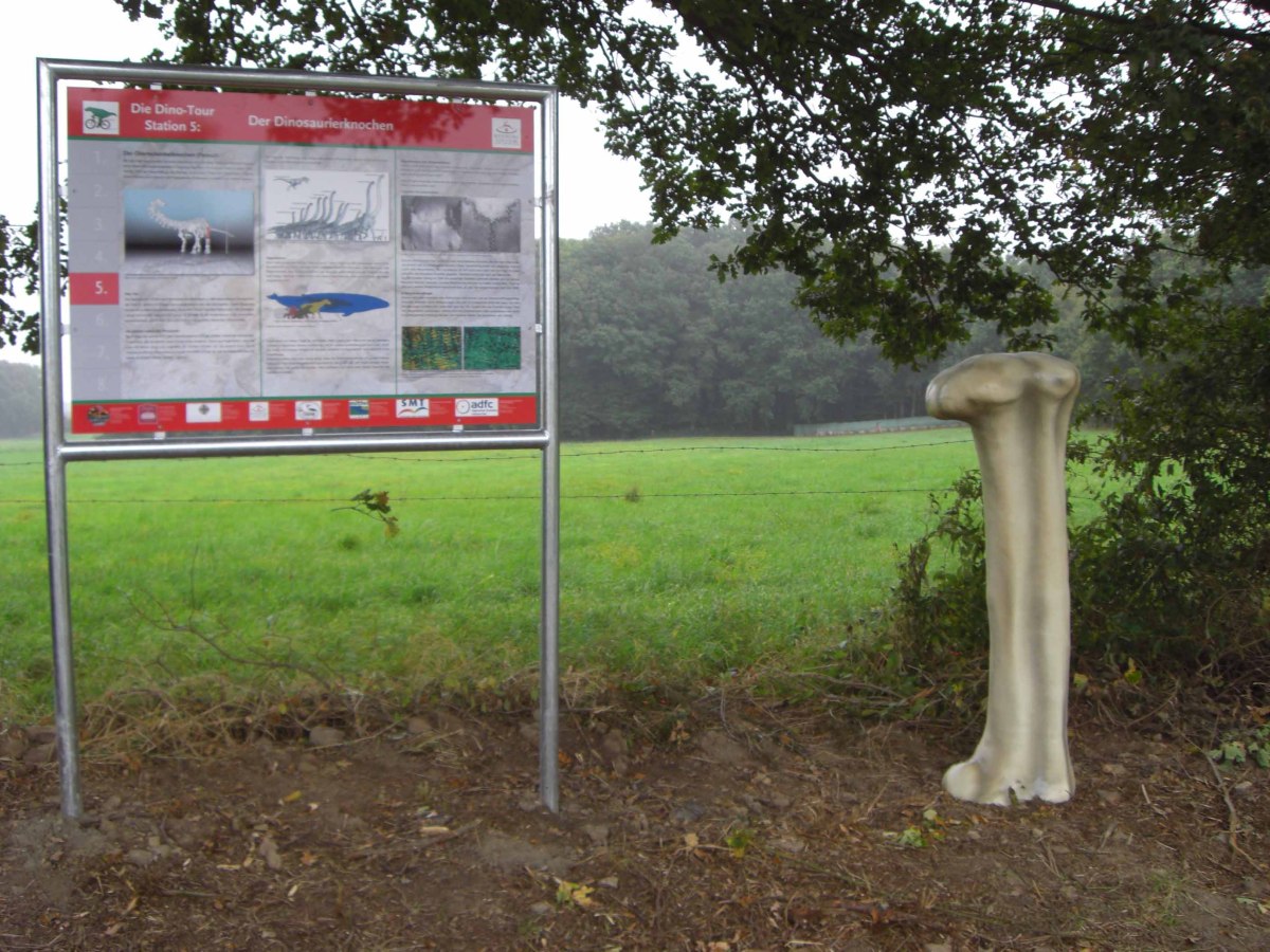 Langs de Dino Tour, de cast van een dijbeen illustreert de grootte van de dinosaurussen..., © Stadt Rehburg-Loccum / Judith Weber